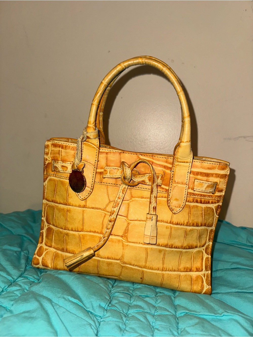 Croc-Embossed Yellow Leather Satchel with Top Handles